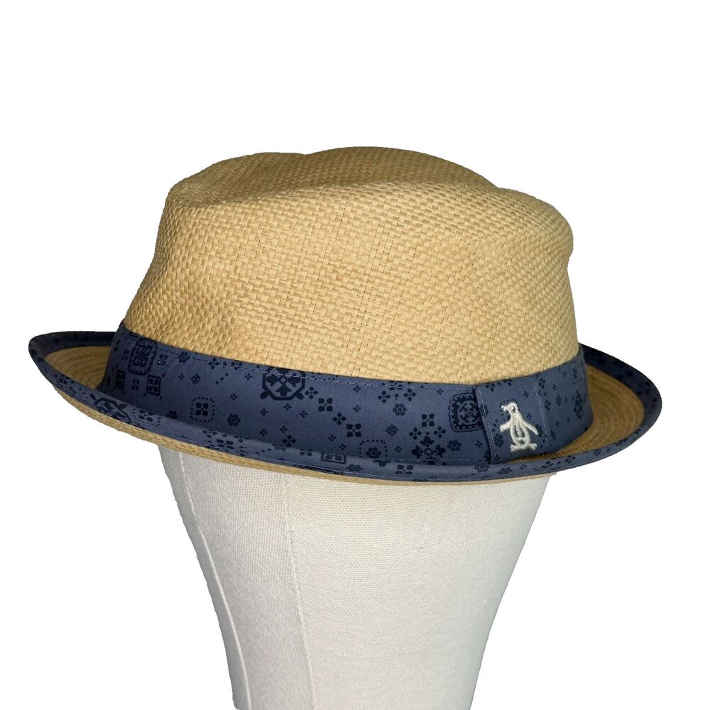 Original PENGUIN Fedora Hat Men's L/XL Tan Straw Porkpie Blue Print Band Summer